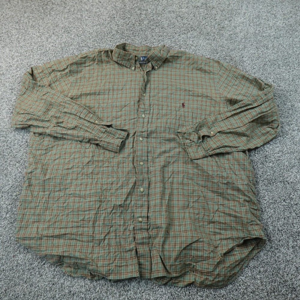 VTG Ralph Lauren Shirt Mens 2XB Green Brown Plaid Button Up Long Sleeve Pony 90s